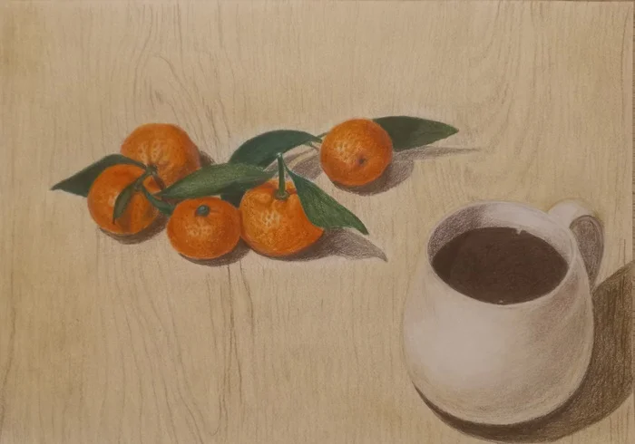 Tangerines and hot chocolate - My, Drawing, Still life, Tangerines, Colour pencils