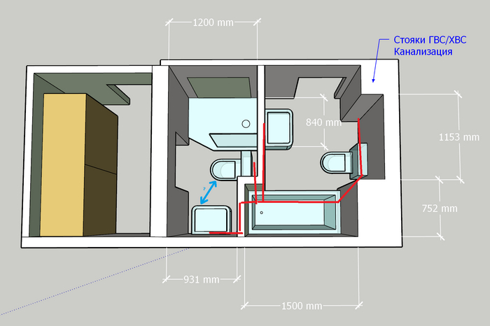 Из инсталляции левого СУ труба ныряет через стенку под ванную, в нее же примерно сверху приходит слив из раковин (или так нельзя? была идея так дополнительно промывать какашкопровод с поворотами) ну и дальше сливается с канажкой второго унитаза