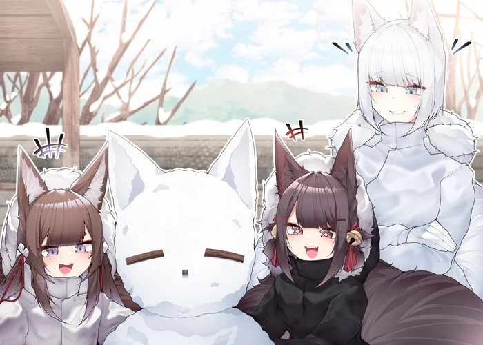 Continuation of the post Aunt Kaga, let's go make a snowman! - Samip, Art, Anime, Anime art, Azur lane, Animal ears, Tail, Kitsune, Amagi, Akagi, Kaga, Reply to post