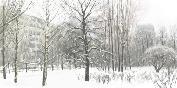 January, Pechatniki Park (two drawings in Krita) - My, Landscape, Art, Drawing, Digital drawing, Winter, Krita, Snow