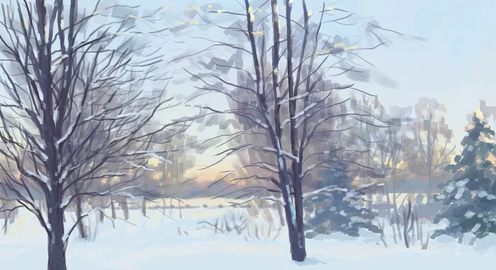 January, Pechatniki Park (two drawings in Krita) - My, Landscape, Art, Drawing, Digital drawing, Winter, Krita, Snow