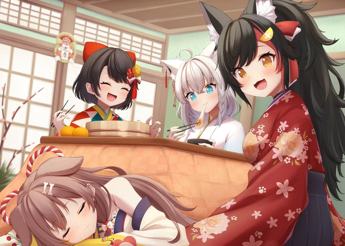   Hololive, Virtual YouTuber, Inugami Korone, Ookami Mio, Shirakami Fubuki, Oozora Subaru, Animal Ears, Anime Art, , Kotatsu, , 