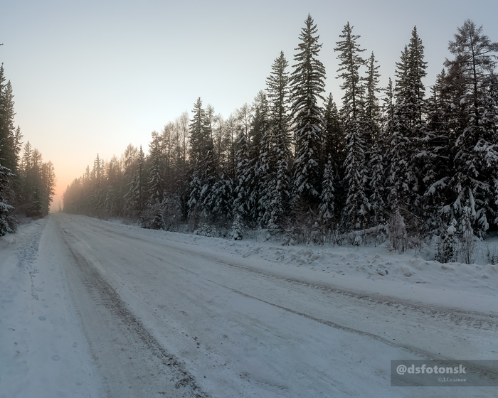 По трассе прошли немного и свернули на дорогу через лес. Тут тумана меньше, почти пропадает и виднеется закат вдали, до него мы и идём.