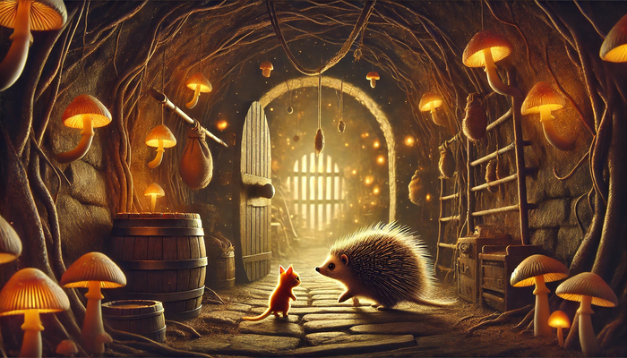 Дикобраз Васька сопровождает котика вдоль тесного коридора (сгенерировано chat GPT)