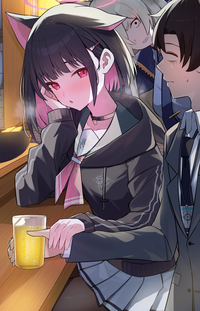 :     Blue Archive, Kyouyama Kazusa, Ogata Kanna, Sensei (Blue Archive), Anime Art, , Animal Ears
