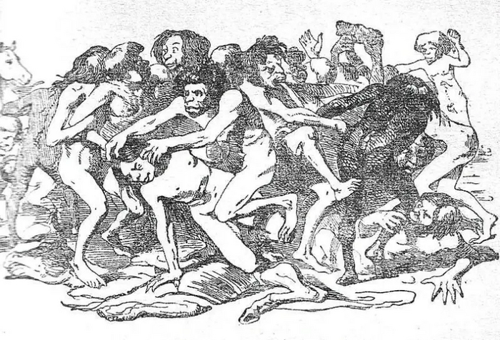 Йеху. "Если вы даете пятерым йеху корму, которого хватило бы для пятидесяти, то они, вместо того чтобы спокойно приступить к еде, затевают драку, и каждый старается захватить всё для себя".