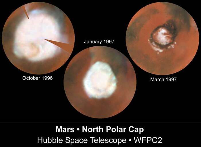 Сезонные изменения северной полярной шапки на Марсе.