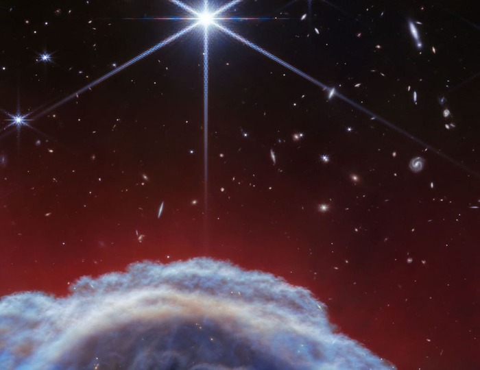 Верхняя часть туманности "Конская голова", запечатленная телескопом "Джеймс Уэбб". На фотографии так же попали в объектив далекие галактики!