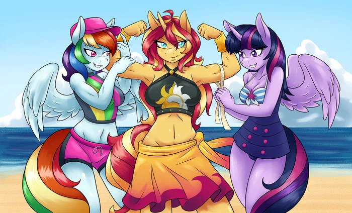Sunset Bazooka Hands Shimmer - My little pony, Art, Ambris, Sunset shimmer, Twilight sparkle, Rainbow dash, Equestria girls