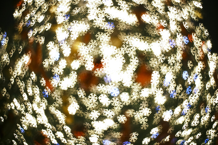 Кремлёвская ёлка через советский объектив Гелиос 44М-7 с боке-снежинками на крышке. 2025