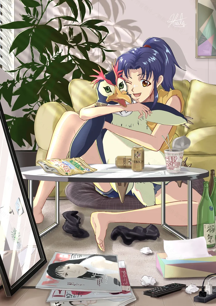 Misato and Pen-Pen - Evangelion, Misato katsuragi, Pen Pen, Anime art, Anime