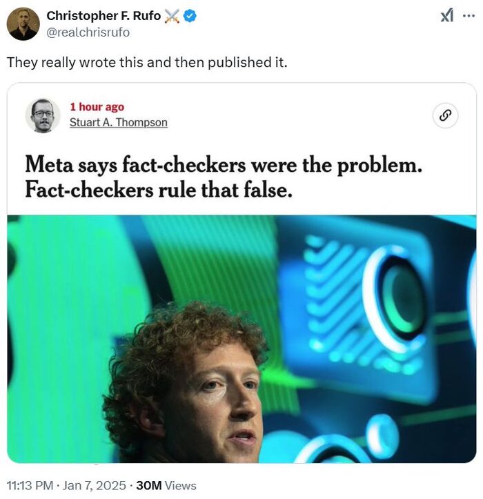 «Цукерберг сказал, что фактчекеры плохие. Фактчекеры проверили это заявление и официально сделали вывод, что это фейк-ньюс!!»