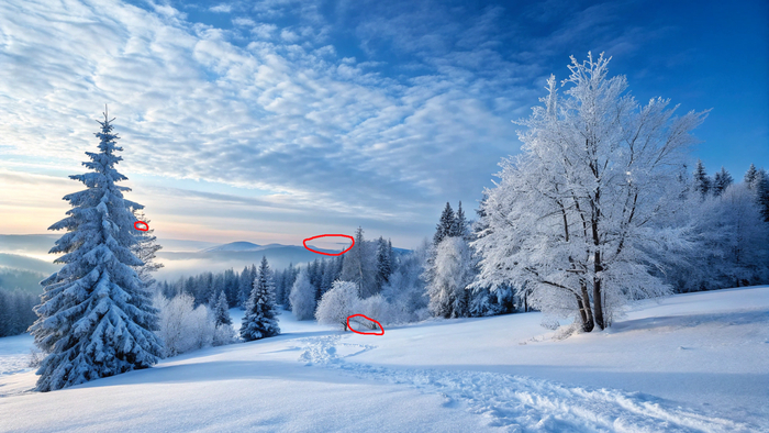 Вот пара проблем на первой картинке - слева нет ствола хотя казалось бы он должен быть, ведь тонкие ветки явно не от ели, непонятное тёмное пятно на горизонте - продолжение горы или облако? И странно изогнутая ветка в центре картинки.