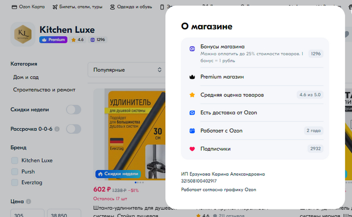 Карточка продавца на OZON