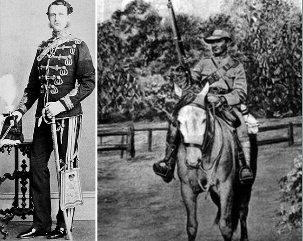 Капитан Перси Хант (предп.) в парадной форме 13-го гусарского полка и в полевом снаряжении второй Англо-Бурской войны. Меткость бурских стрелков, первыми "выключавших" британских офицеров, научила их носить неотличимое от солдат обмундирование.