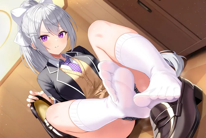 Hello, people of high culture - Anime, Anime art, Virtual youtuber, Nijisanji, Higuchi kaede, School uniform, Foot fetish, Gaiters