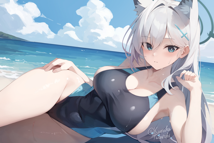 Sunaookami Shiroko #038 , Anime Art, Blue Archive, , Shiroko Terror, One-piece swimsuit, ,  , Animal Ears, , , Sideboob, 