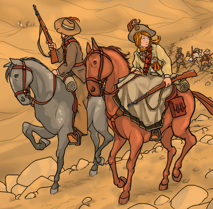Так современный художник из ЮАР представляет себе трансваальскую партизанку, переполошившую британское командование и тюремных сидельцев в Претории. Хотя сомнительно, чтобы она воевала в дамском седле...