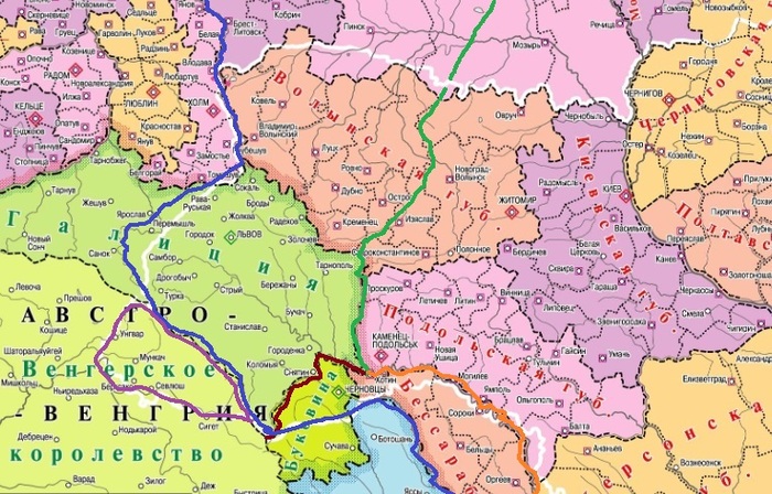 Границы 1939 и 1941 года. Зеленым цветом – граница Польши и СССР в 1920-1939 годах, Коричневым – Граница Польши и Румынии, Оранжевым– Граница Румынии и СССР до 1940 года, фиолетовым - "Карпатская Сечь" .Синий – граница СССР на 22.6.1941 года.