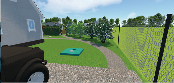 Вид с калитки. Видно где будет находиться септик(станция биоочистки)