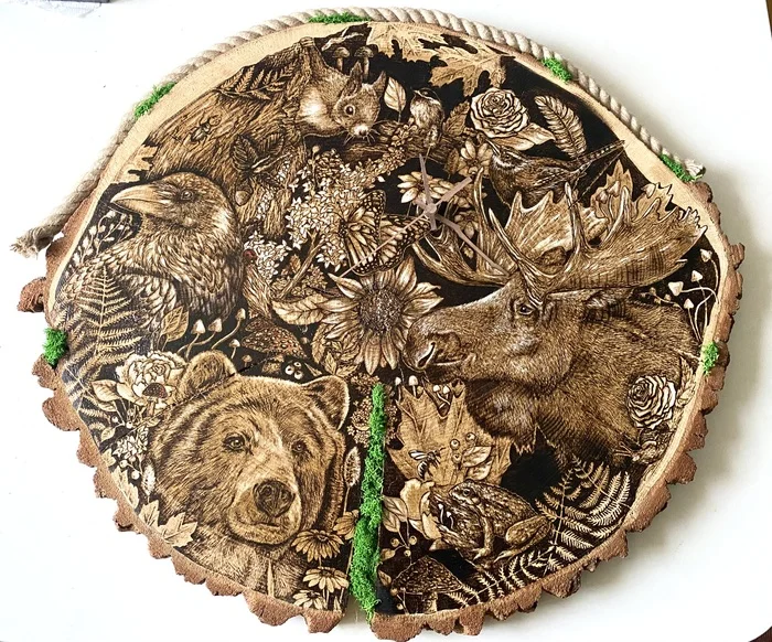 Making a panel from a cut and slab of wood, manual wood burning - My, Handmade, Pyrography, Paintings on boards, Woodworking, Tree, Wood products, Master, Longpost