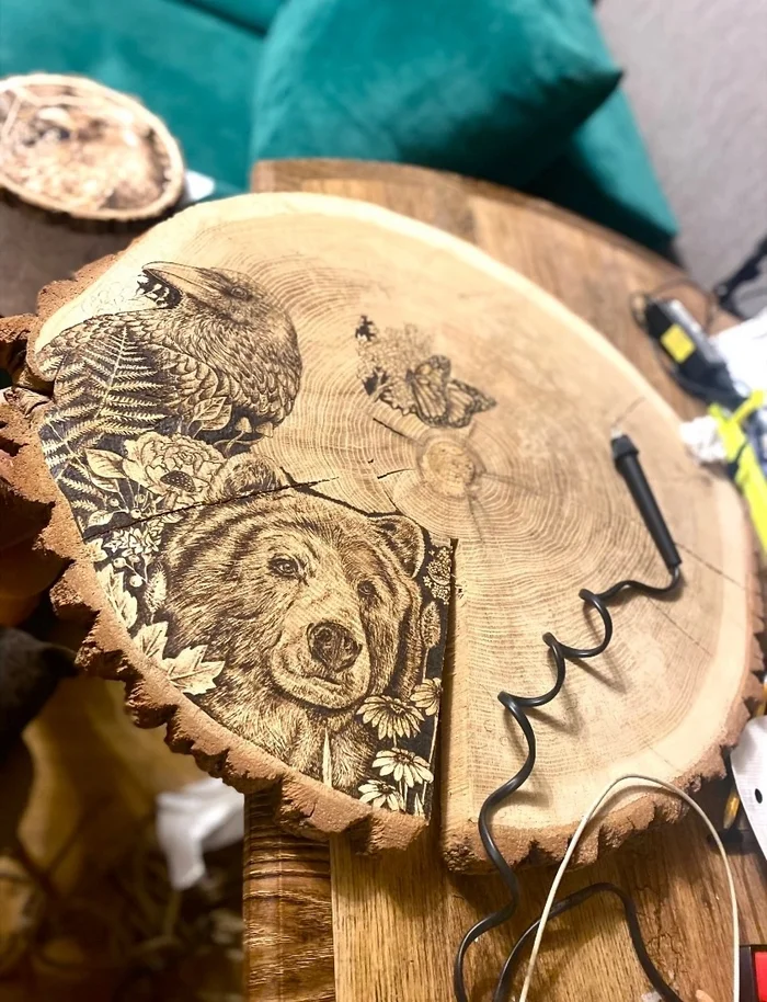 Making a panel from a cut and slab of wood, manual wood burning - My, Handmade, Pyrography, Paintings on boards, Woodworking, Tree, Wood products, Master, Longpost