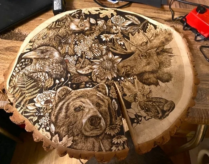 Making a panel from a cut and slab of wood, manual wood burning - My, Handmade, Pyrography, Paintings on boards, Woodworking, Tree, Wood products, Master, Longpost