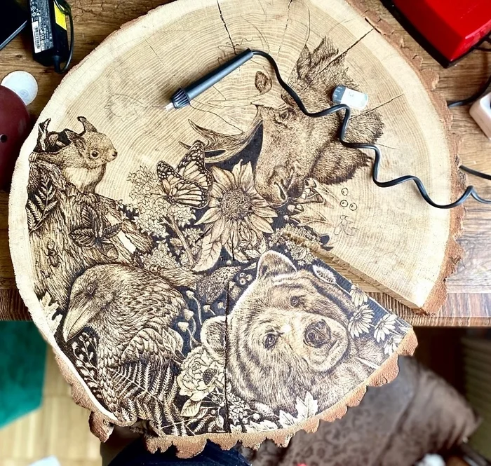 Making a panel from a cut and slab of wood, manual wood burning - My, Handmade, Pyrography, Paintings on boards, Woodworking, Tree, Wood products, Master, Longpost