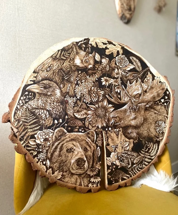 Making a panel from a cut and slab of wood, manual wood burning - My, Handmade, Pyrography, Paintings on boards, Woodworking, Tree, Wood products, Master, Longpost