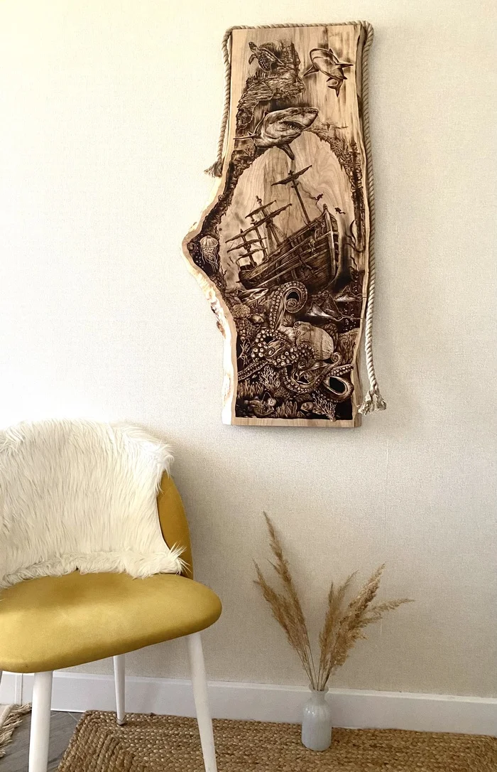 Making a panel from a cut and slab of wood, manual wood burning - My, Handmade, Pyrography, Paintings on boards, Woodworking, Tree, Wood products, Master, Longpost