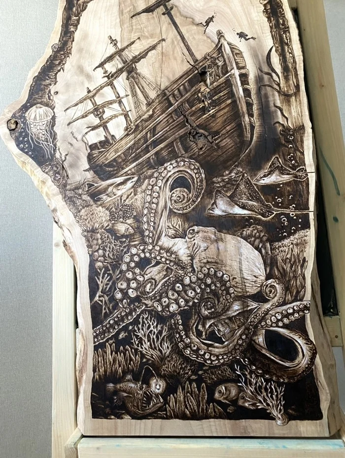 Making a panel from a cut and slab of wood, manual wood burning - My, Handmade, Pyrography, Paintings on boards, Woodworking, Tree, Wood products, Master, Longpost