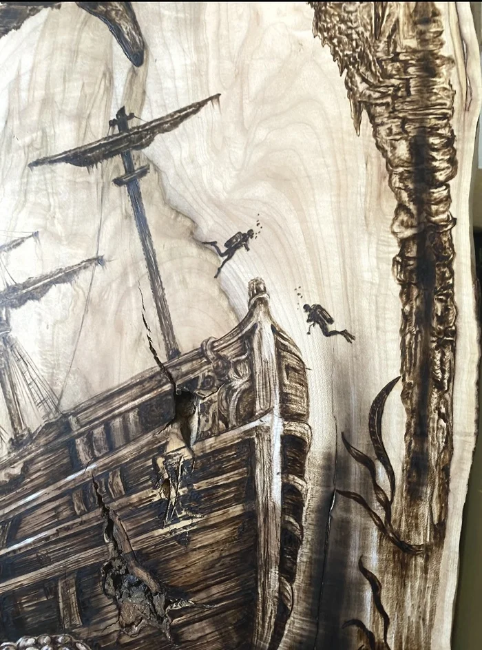 Making a panel from a cut and slab of wood, manual wood burning - My, Handmade, Pyrography, Paintings on boards, Woodworking, Tree, Wood products, Master, Longpost