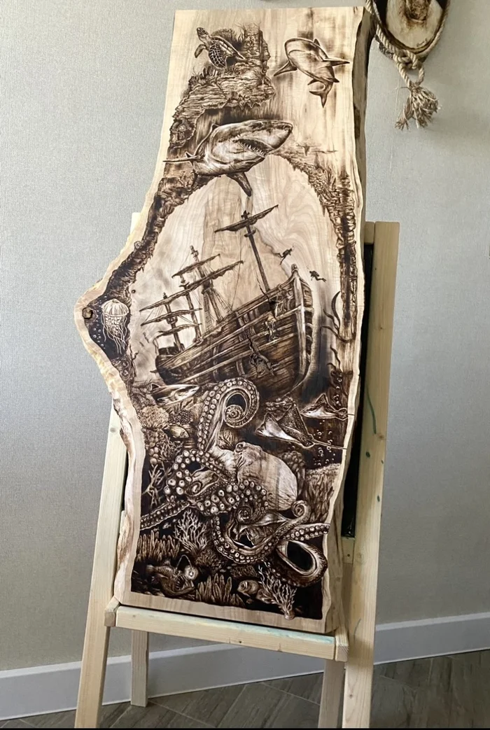 Making a panel from a cut and slab of wood, manual wood burning - My, Handmade, Pyrography, Paintings on boards, Woodworking, Tree, Wood products, Master, Longpost