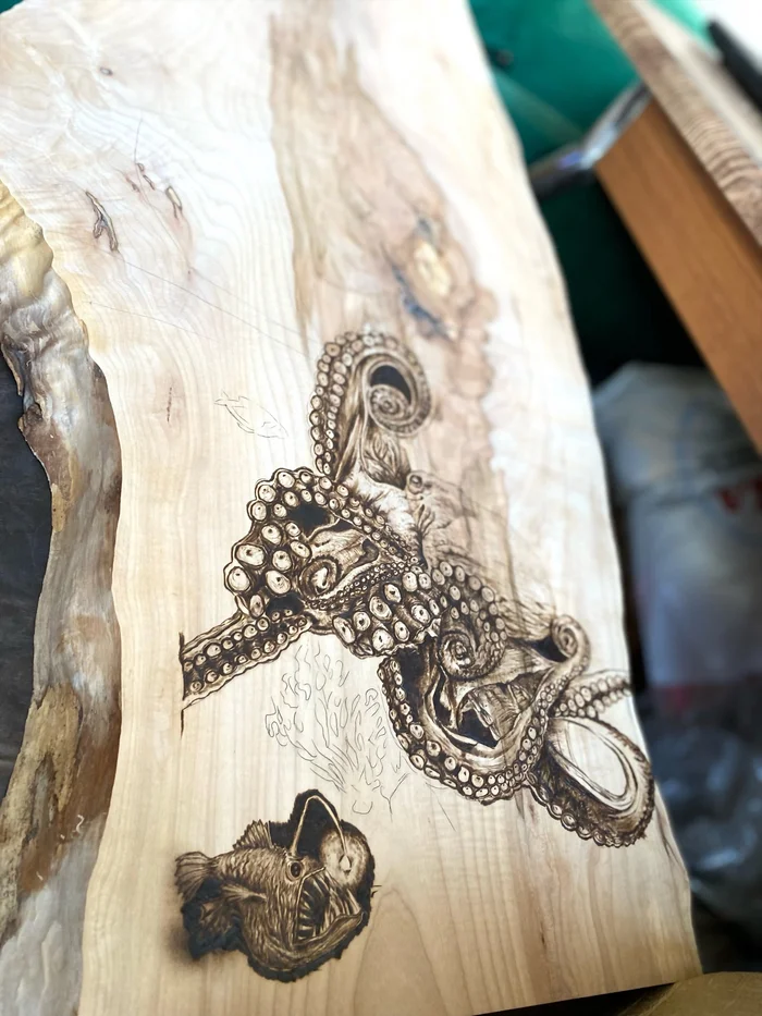 Making a panel from a cut and slab of wood, manual wood burning - My, Handmade, Pyrography, Paintings on boards, Woodworking, Tree, Wood products, Master, Longpost