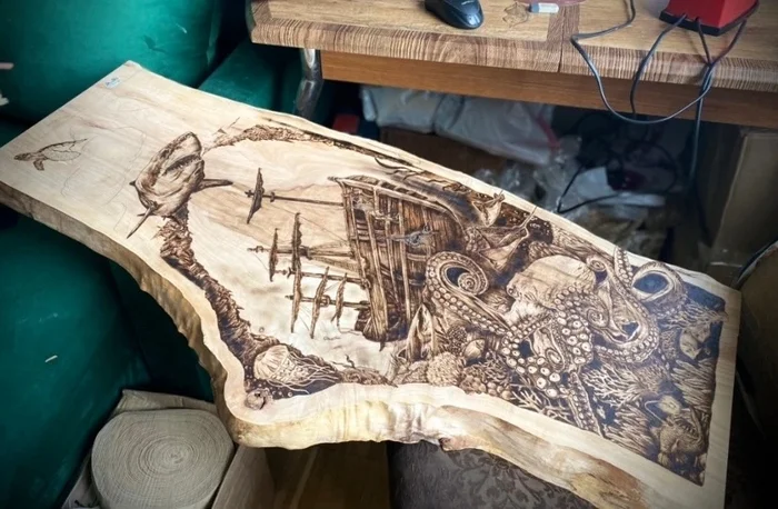 Making a panel from a cut and slab of wood, manual wood burning - My, Handmade, Pyrography, Paintings on boards, Woodworking, Tree, Wood products, Master, Longpost