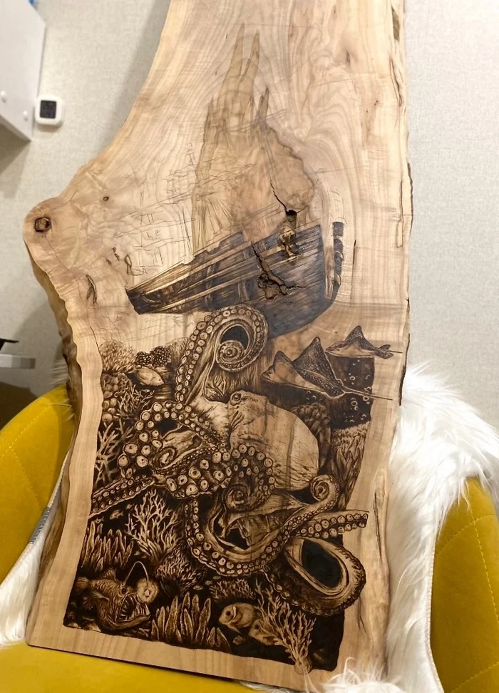 Making a panel from a cut and slab of wood, manual wood burning - My, Handmade, Pyrography, Paintings on boards, Woodworking, Tree, Wood products, Master, Longpost
