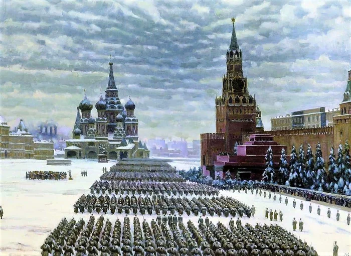 Parade on Red Square in Moscow on November 7, 1941. Konstantin Yuon. 1942 - History (science), Images, Short post, История России, Parade, Moscow, the USSR, The Great Patriotic War, The Second World War, Painting, Oil painting, The soldiers, Patriotism, Red Army, Army, Military history