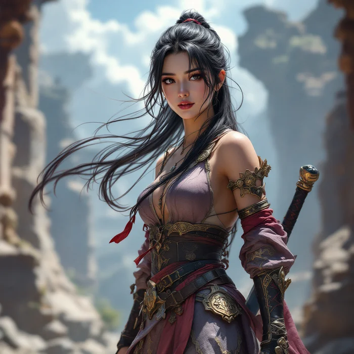 A beautiful Asian girl in her 20s with a sword and in tight armor and with a sword in the RPG world - Моё, Искусственный интеллект, Арт, Длиннопост