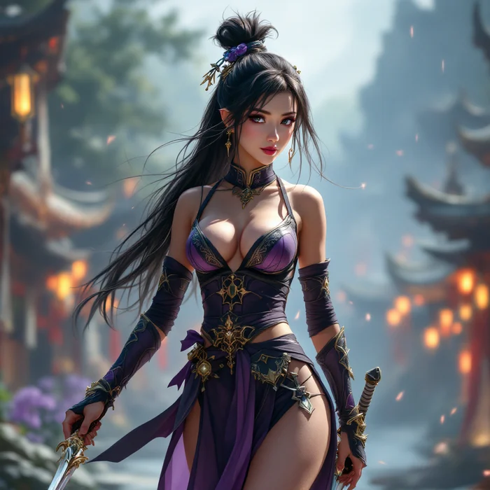 A beautiful Asian girl in her 20s with a sword and in tight armor and with a sword in the RPG world - Моё, Искусственный интеллект, Арт, Длиннопост