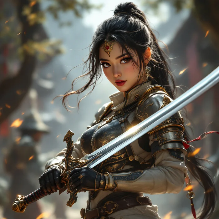 A beautiful Asian girl in her 20s with a sword and in tight armor and with a sword in the RPG world - Моё, Искусственный интеллект, Арт, Длиннопост