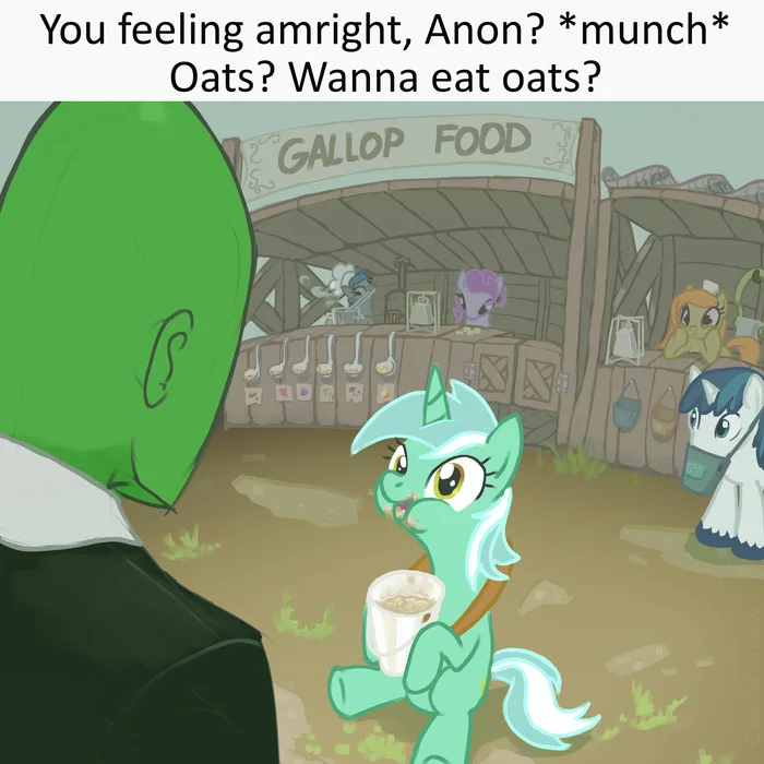 Are you okay, Anon? *yum yum* Oats? Do you want to eat oats? - My little pony, Lyra heartstrings, Anon, Shining armor
