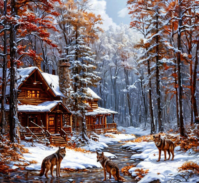Зимний лес с волками