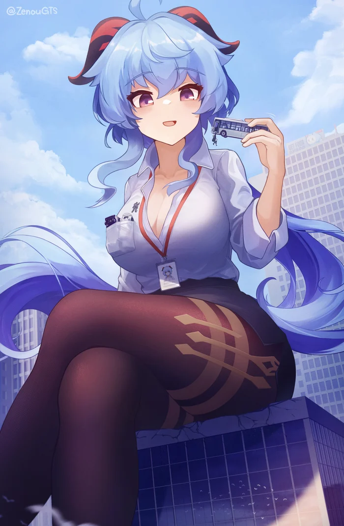 Gan Yu - Giantess, Anime art, Town, Ganyu (Genshin Impact), Genshin impact, Girl with Horns