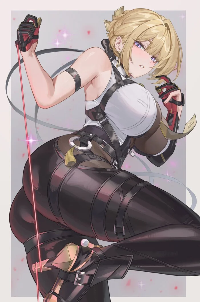 Evelyn Chevalier #009 - Anime, Anime art, Zenless Zone Zero, Evelyn Chevalier (zzz), Girls, Blonde, Shoes, Trousers, Embarrassment, Blue eyes, Birthmarks, Gloves