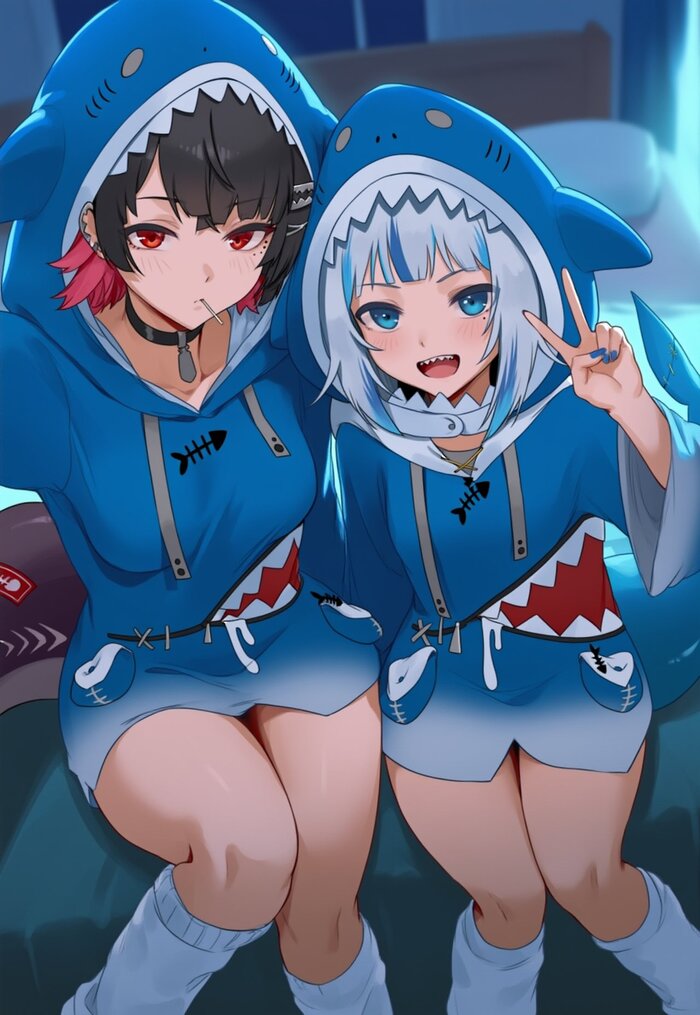 Shark x Shark , Anime Art, , , Zenless Zone Zero, Ellen Joe (zzz), Gawr Gura, Hololive, Virtual YouTuber, ,  , Setsumanga, 
