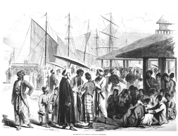 Рынок рабов в Ачехе, XIX в., из французского журнала L'Illustration.