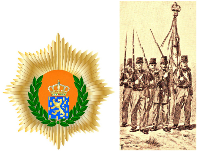 Герб Королевской Нидерландской Ост-Индской армии. Пехотинцы колониального 7-го пех. батальона.
