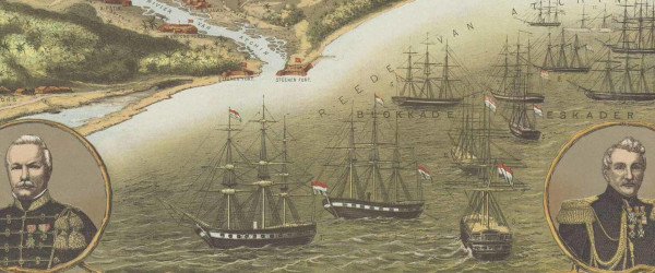 Голландская пропагандистская картинка, изображающая эскадру у устья реки Ачех. На медальонах по бокам - портреты сухопутного и военно-морского командующих.