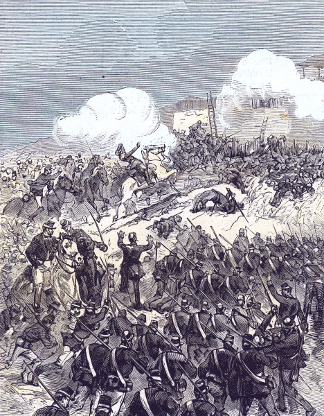 Неудачный штурм Кратона 16 апреля 1873 г.В центре падает с белого коня сраженный майор Кавалье. Голландский рисовальщик посадил его верхом ради эффектности. На штурм Кратона голландские офицеры шли пешими.