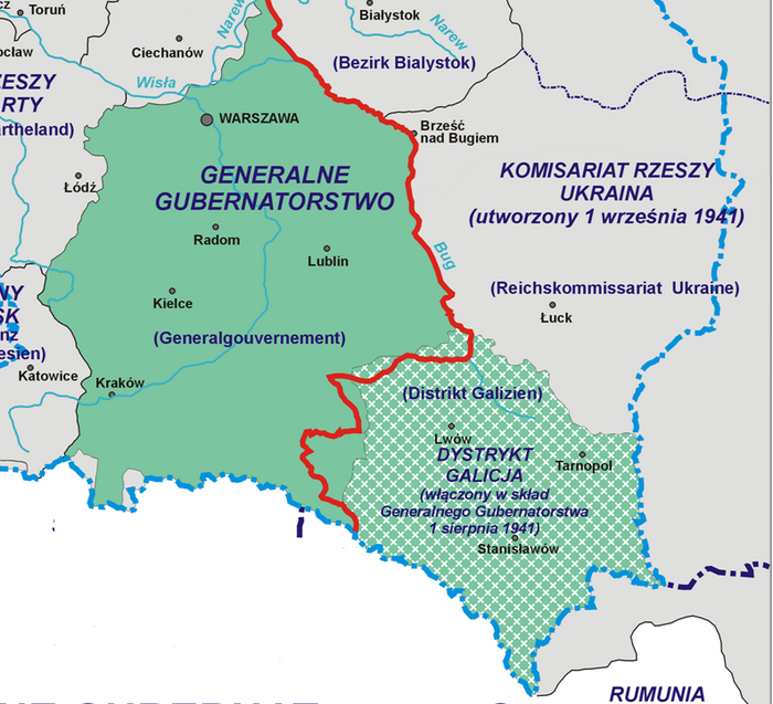 Округ Галиция. Красным цветом граница СССР на 1941 год
